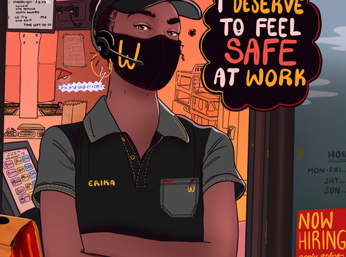 Illustration of a worker at a drive through window. Text bubble says "I deserve to feel safe at work."