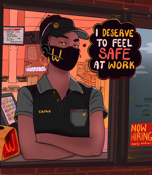 Illustration of a worker at a drive through window. Text bubble says "I deserve to feel safe at work."